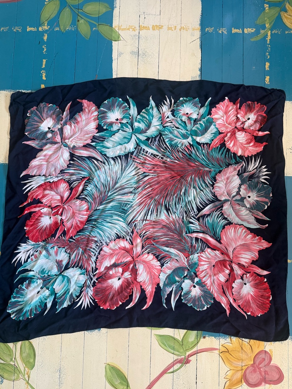 Vintage Silk Tropical Print Square Scarf in Navy w/ Green & Pink Flowers